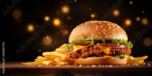 Crispy Chicken Burger with Golden Fries: Delectable Poultry Sandwich - Fast Food Feast, Crunchy Chicken Fillet, Fried Potatoes, Quick Service, Foodie Culture, Casual Dining Experience, Snack Time Deli