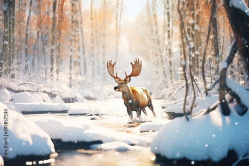 moose wading through snowy forest