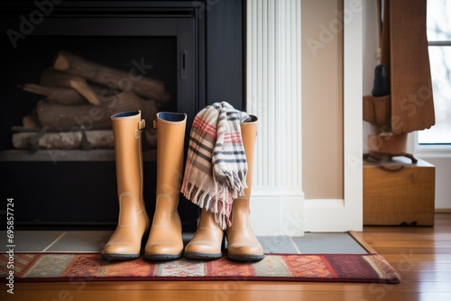 leather boots with wool scarf on hearth rug