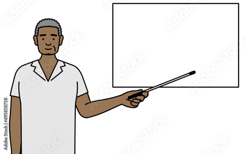 African senior man pointing at a whiteboard with an indicator stick.