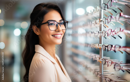 young indian woman choosing glasses at optics store