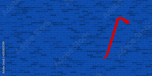 Blue Brick Wall with large red crowbar symbol. The symbol is located on the right, on the left there is empty space for your content. Vector illustration on blue background