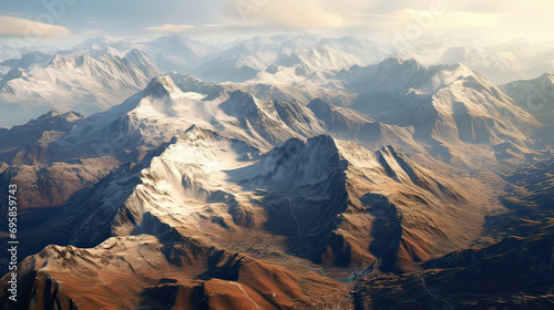 Aerial view of a mountain range, showcasing the diverse terrain and elevation changes Ai Generative