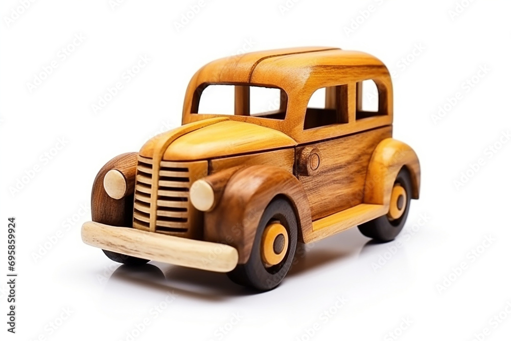 Retro wood car toy on white background