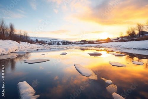 sunset reflecting on icy river surface