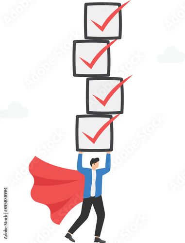 Task management, project plan or task list to finish, productivity to complete work within deadline, efficiency to organize project checklist, businessman superhero flying with completed task boards.
