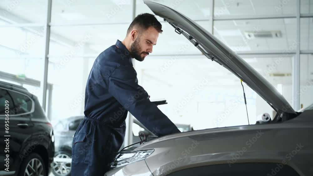 Automotive mechanic running diagnostics software on tablet. Young vehicle service manager worker work in mechanics garage, check and maintenance to repair the engine car in workshop. Automotive mechanic running diagnostics software on tablet. Young vehicle service manager worker work in mechanics garage, check and maintenance to repair the engine car in workshop.