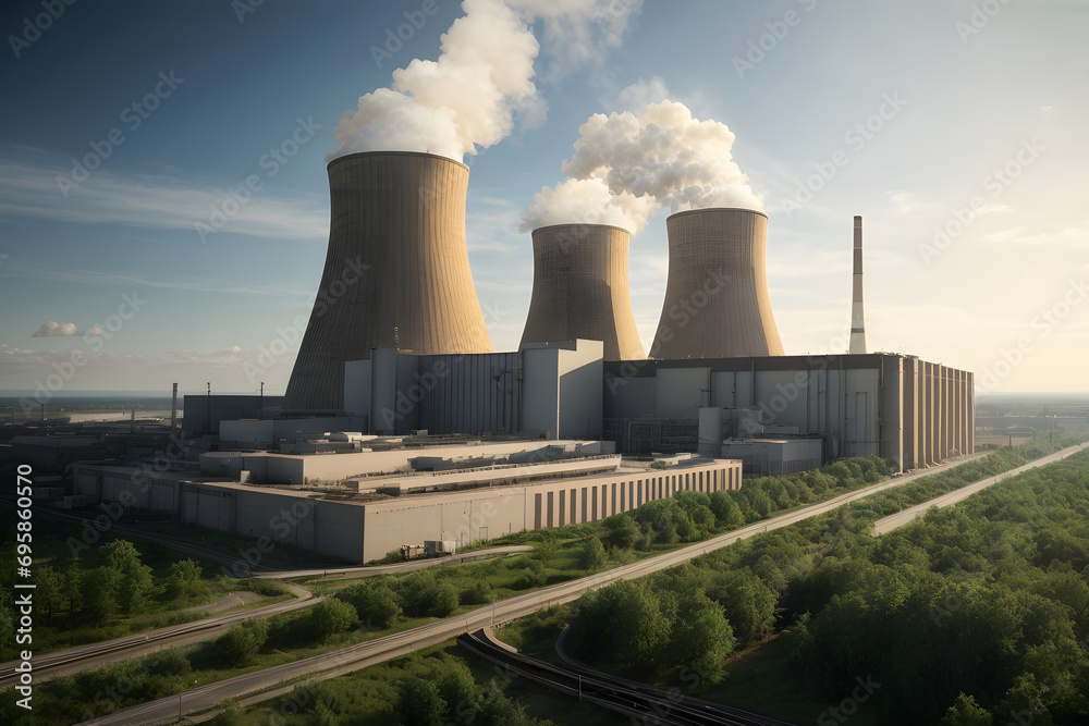 Power plant with smoking chimneys on a background of blue sky. Power plant with smoking chimneys on a background of blue sky.