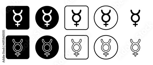 Icon set of astrological mercury symbol. Filled, outline, black and white icons set, flat style.  Illustration on transparent background