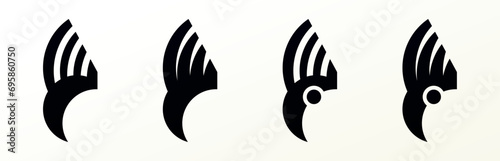 Set of abstract signs in geometric style. Graphic symbol with a stylized bird head for logo, identity, other. A design element with a mystical, masculine motif. Vector illustration.
