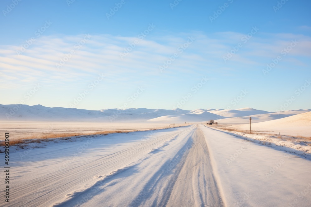 snowdrifts flanking an untouched gravel road with distant hills