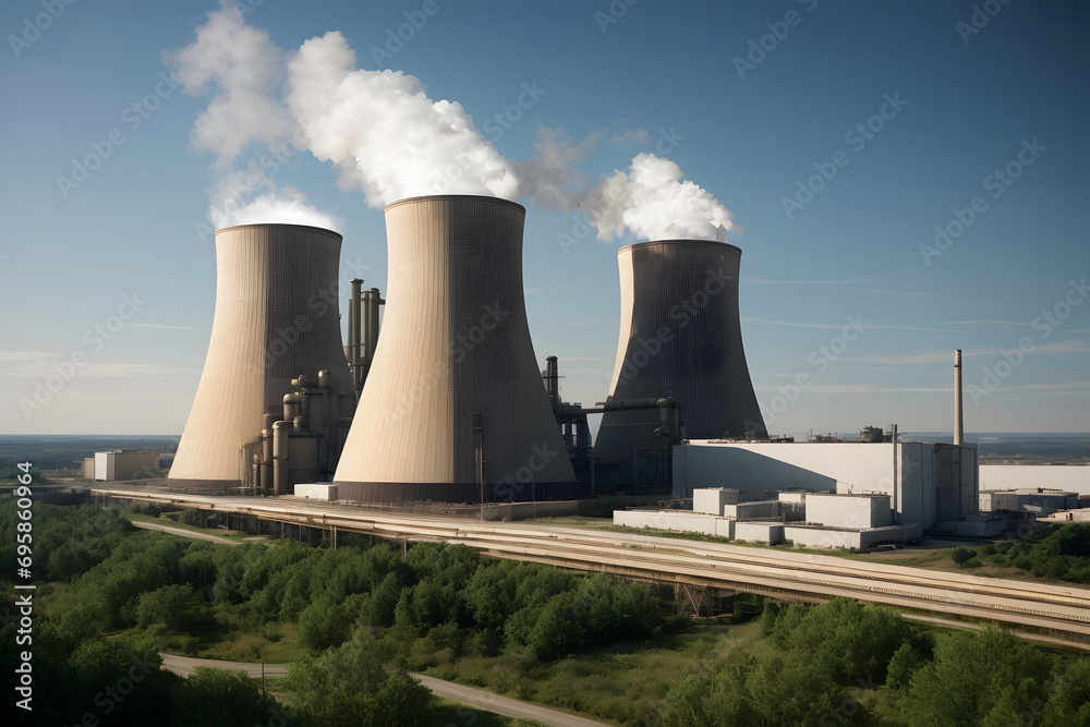 Power plant with smoking chimneys on a background of blue sky. Power plant with smoking chimneys on a background of blue sky.