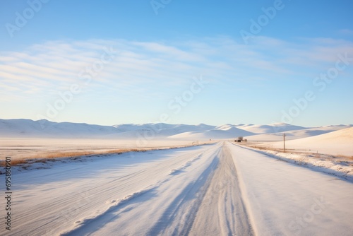 snowdrifts flanking an untouched gravel road with distant hills © primopiano