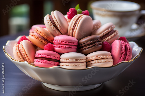 Close up colorful macarons dessert 