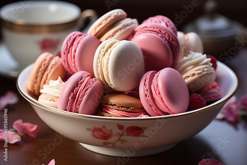  Close up colorful macarons dessert 