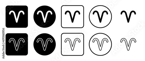 Icon set of zodiac aries symbol. Filled, outline, black and white icons set, flat style.  Vector illustration on white background