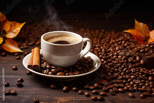 A cup of freshly brewed coffee with cinnamon on the table with coffee beans everywhere