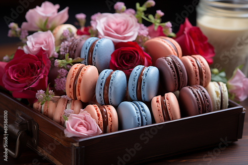 Close up colorful macarons dessert 