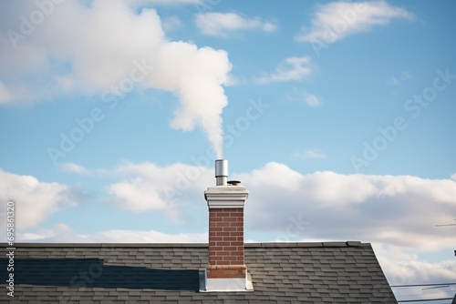 dark chimney on white roof, grey smoke blending with clouds