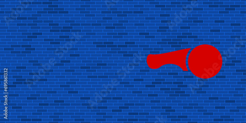 Blue Brick Wall with large red angle grinder symbol. The symbol is located on the right, on the left there is empty space for your content. Vector illustration on blue background