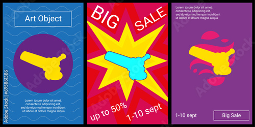 Trendy retro posters for organizing sales and other events. Large angle grinder symbol in the center of each poster. Vector illustration on black background
