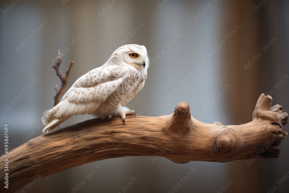 Obraz premium snowy owl resting on a curved branch of an old tree