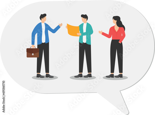 Team discussion, community or social feedback, communication or announcement dialog, team meeting concept, businessman and businesswoman team members help carrying big speech bubbles with copy space.
