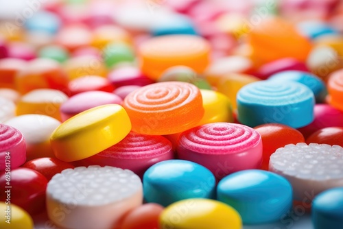 Close-up of colorful candy pieces on a white background. Generative AI