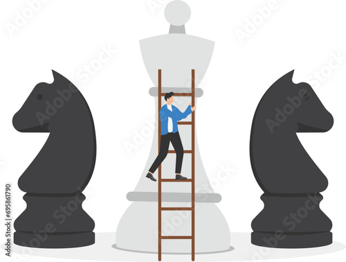 Business strategy design concept. Businessman character climbing up the stairs at chess pieces illustration. Flat style drawing vector

