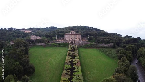 Aerial toward Villa Aldobrandini's imposing 17th-century facade, Frascati