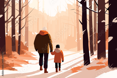 grandpa and child walk in winter forest vector illustration