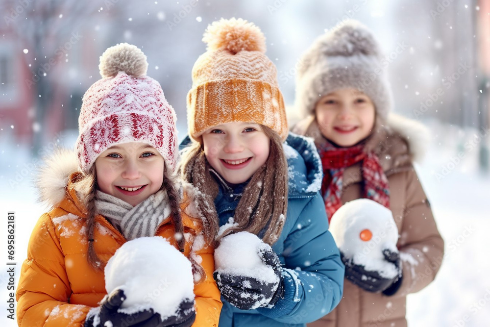 Three girls are holding snowballs, happy having a winter