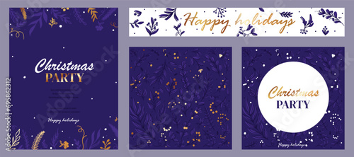 Christmas party invitation poster background in trendy flat style. Merry and Bright Corporate Holiday cards. Universal abstract creative artistic templates