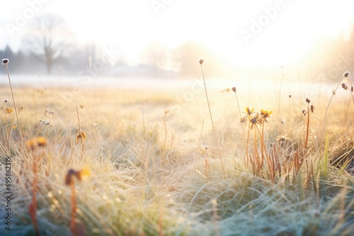 a misty winter meadow with sun piercing through