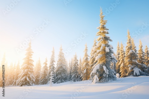 morning light on snow-covered pine trees
