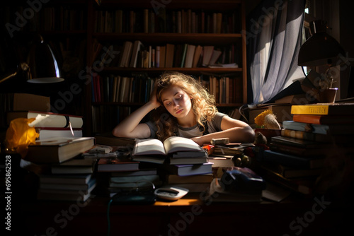 A tired girl studying with many books around