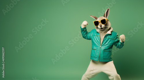 A cool bunny dancing for the upcoming easter sales event, green poster background with copy space photo