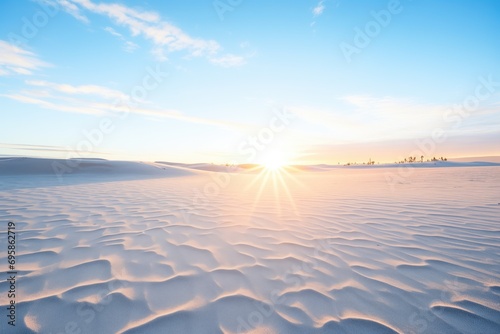 a cold desert sunrise with sand and snow