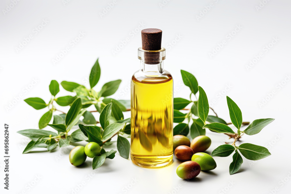 Jojoba and olive oil in glass bottle, with leaves on a plain white background. Marketing branding concept shoot for a beauty magazine. Jojoba and olive oil in glass bottle, with leaves on a plain white background. Marketing branding concept shoot for a beauty magazine.