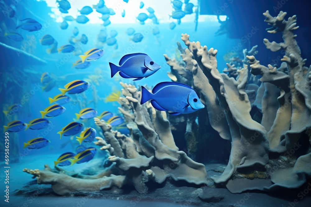 Fototapeta premium blue tangs in an artificial reef setting