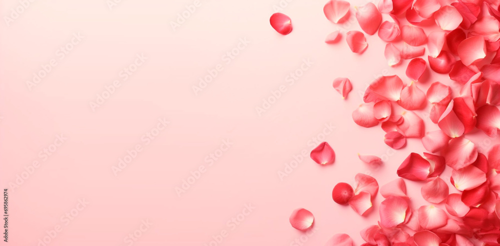 Valentine's day banner with rose petals on pink background with copy space