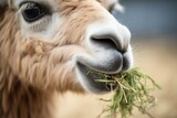 close-up of alpaca chewing hay