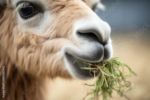 close-up of alpaca chewing hay © primopiano