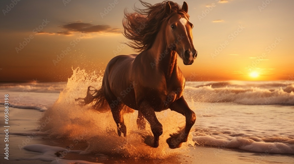 Running horse with streamed mane. Sunset time and sand. Running horse with streamed mane. Sunset time and sand.
