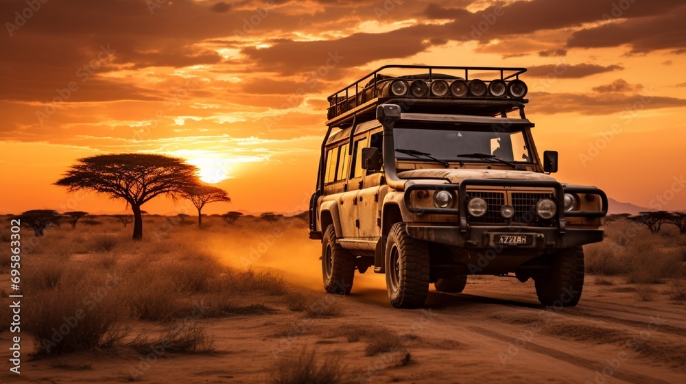 Safari car in sunset . - obrazy, fototapety, plakaty 