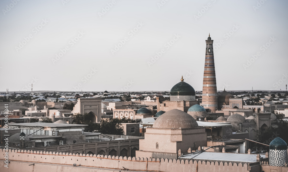 Panoramic view of the old ancient city of Fort Khiva in Khorezm, mosque and mausoleum in the city