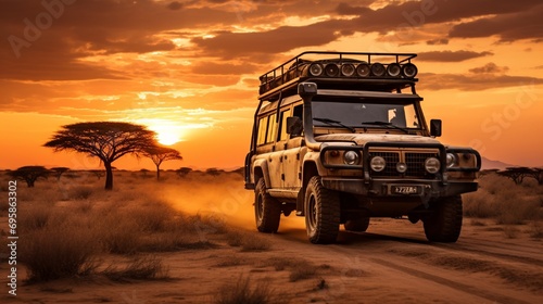 Safari car in sunset . photo
