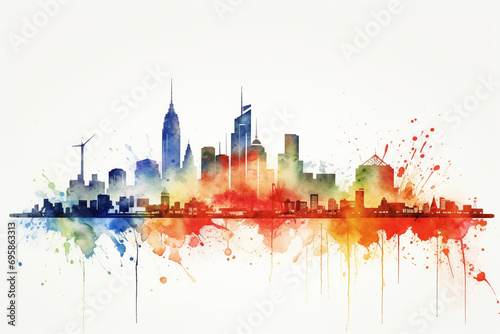 skyline in watercolor splatters with clipping path
