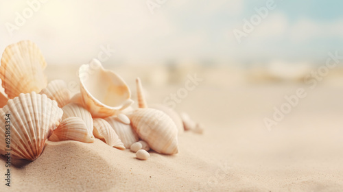 Seashells on sand background with copy space banner.