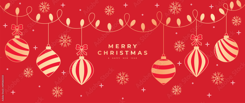 Naklejka premium Luxury christmas and happy new year concept background vector. Elegant gold hanging bauble ball line art deco with snowflake, decorative light on red background. Design for wallpaper, card, cover.